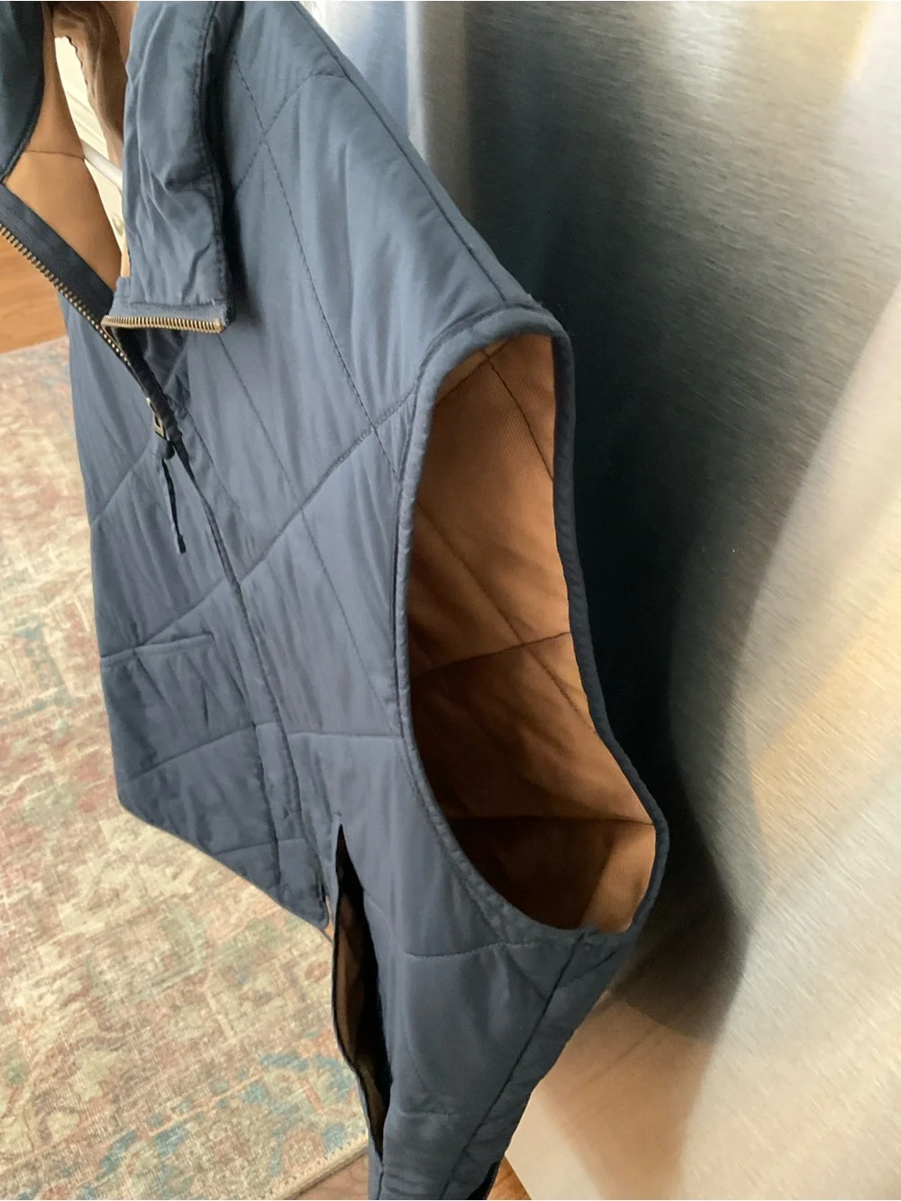 J. Crew Quilted Navy Reversible Men’s Vest with Tan Lining