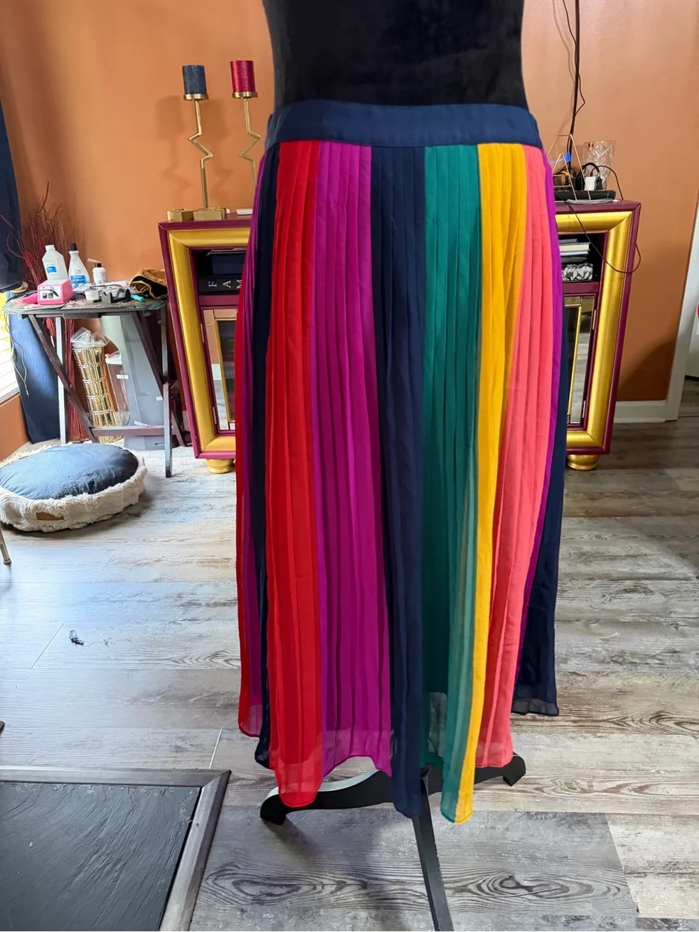 J. Crew Pleated Rainbow Maxi Skirt in Navy, Red, Pink, Green, Yellow