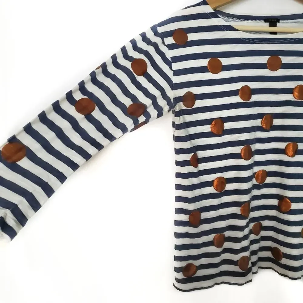 J Crew | Navy Striped Gold Dot 3/4 Sleeve Tee