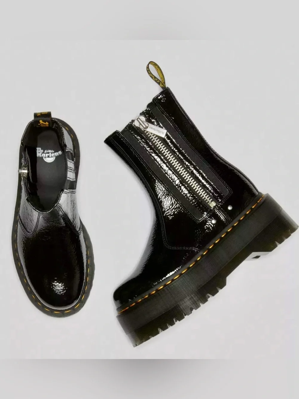 DR. MARTENS 2976 MAX DISTRESSED PATENT CHELSEA PLATFORM BOOTS, SZ 8, NEW, $220.