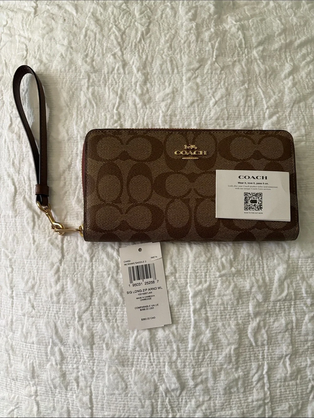 Coach Brown Signature Zip-Around Wristlet Wallet with Gold Logo