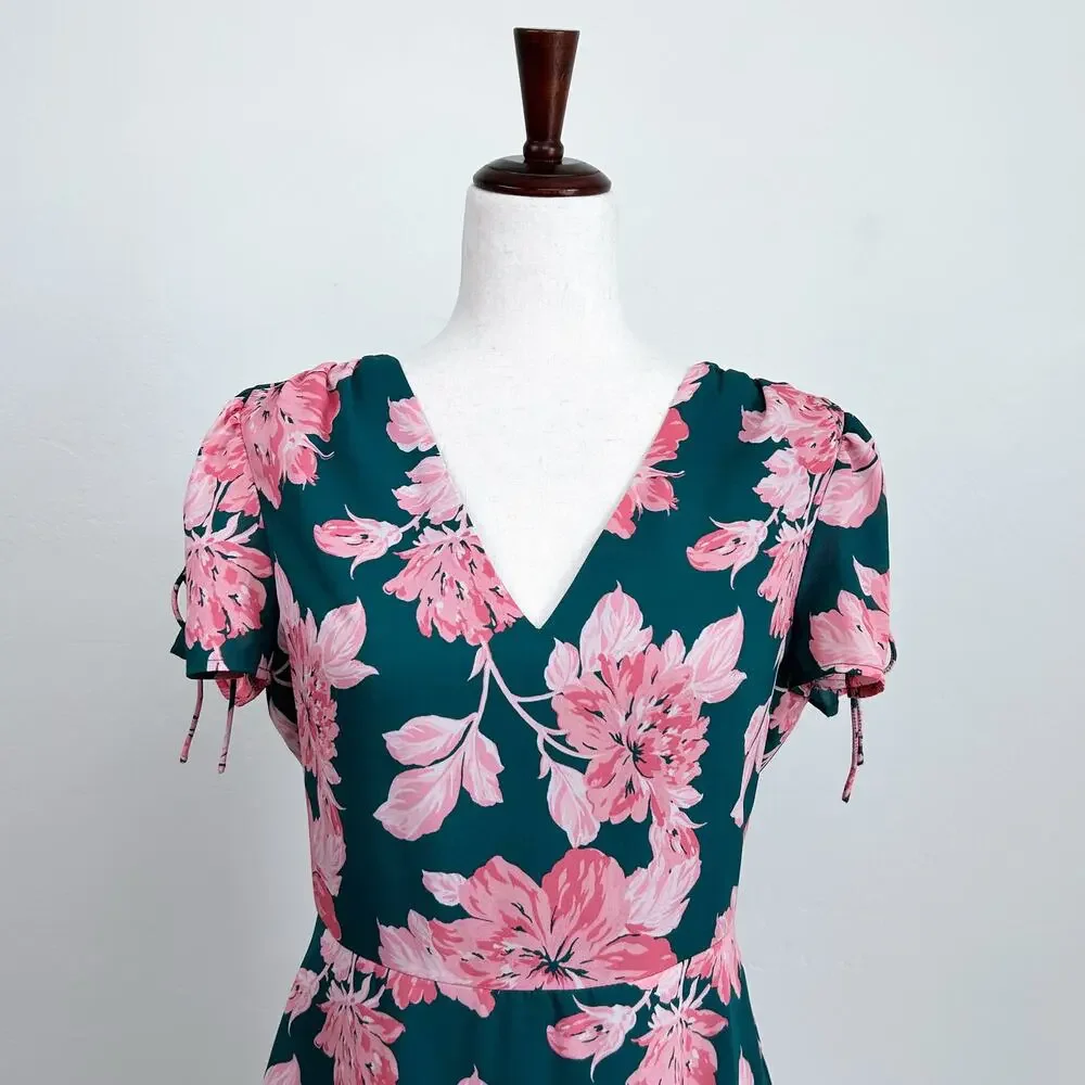 J. Crew Green Spring Pink Floral Short Sleeve V-Neck A-Line Mini Dress SIZE 4