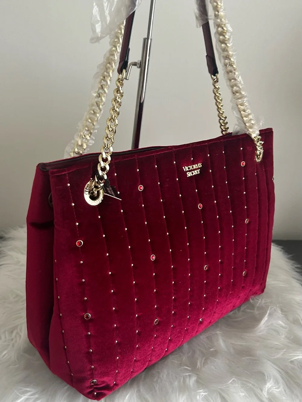 Victoria’s Secret Burgundy Velvet Tote Bag Gold Chain Shoulder Purse