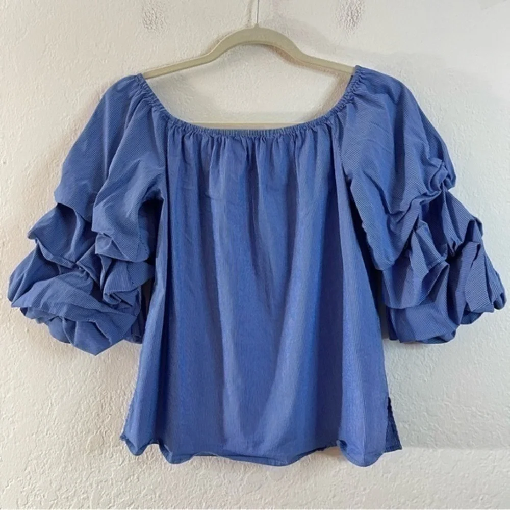 Zara Puff Sleeve Pinstripe Off Shoulder Blouse Women Size Small Blue/White Boho