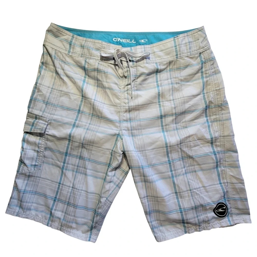 O'Neill Board Shorts Mens 34 White Blue Plaid Cargo Pocket Surf Beach Quick Dry