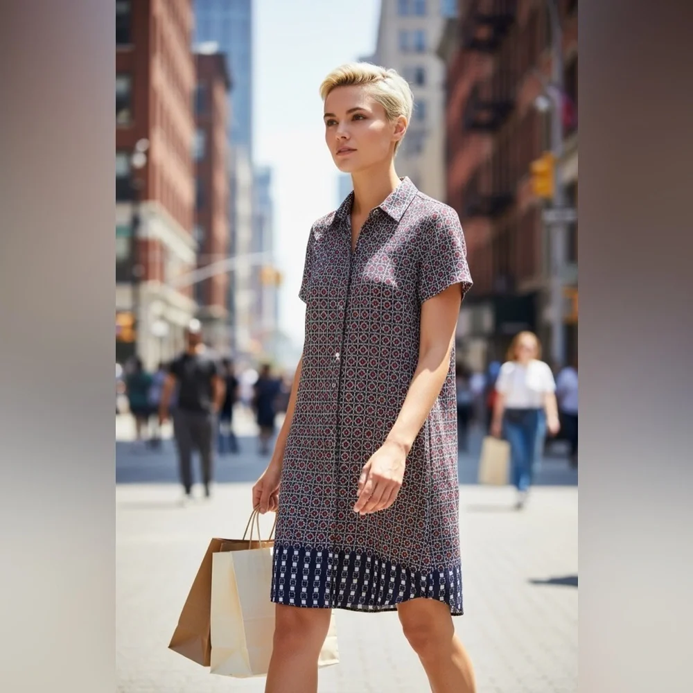 J. Crew Short Sleeve Shirt Dress Multicolor Geometric Print Preppy Casual Size 4