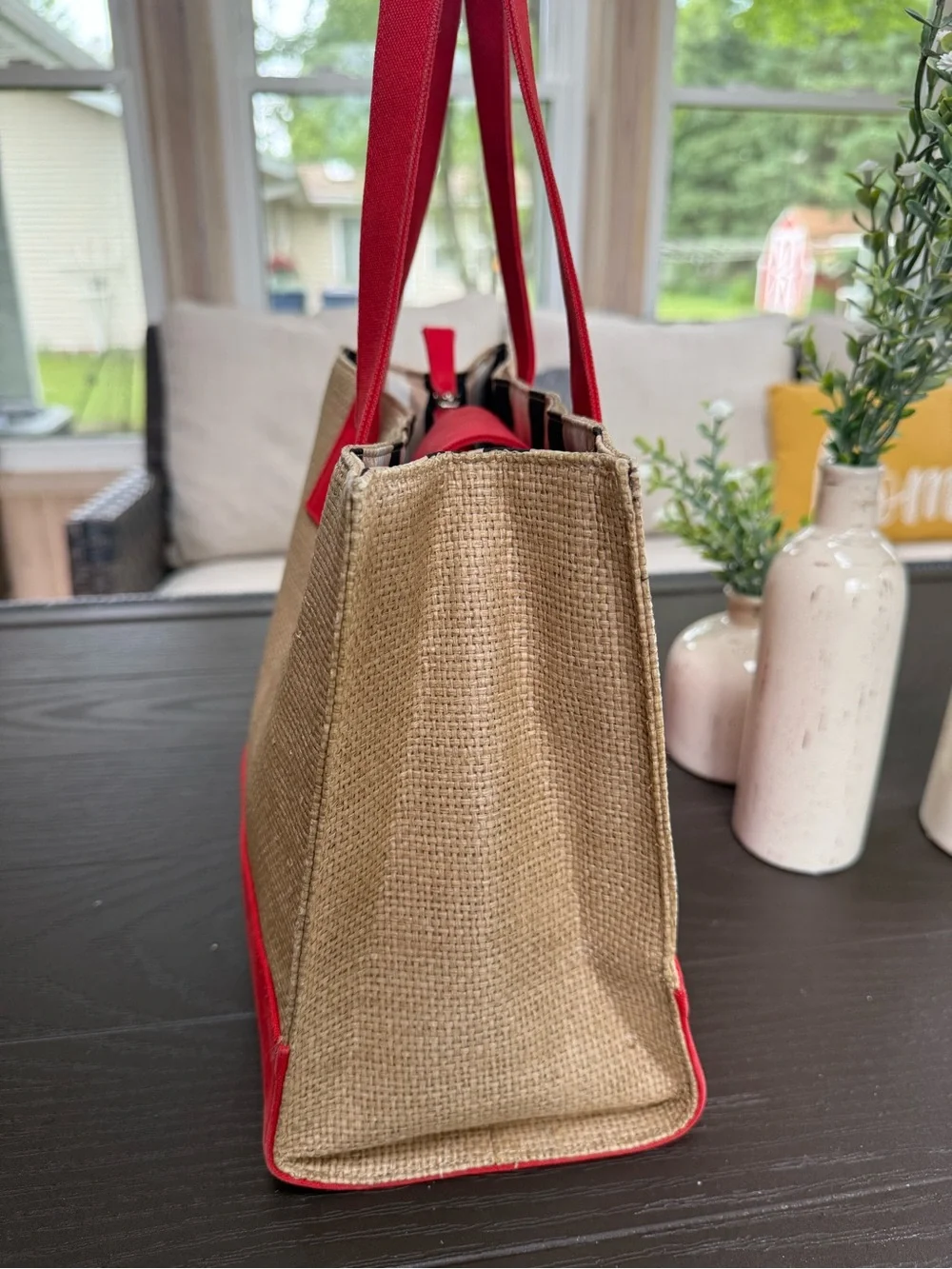 DKNY City Straw Canvas Tote Bag Red & Natural Large Shoulder Bag