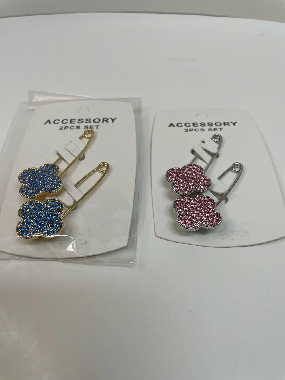 Rhinestone Clover Pin Brooch Set in Blue and Pink 2-Sets