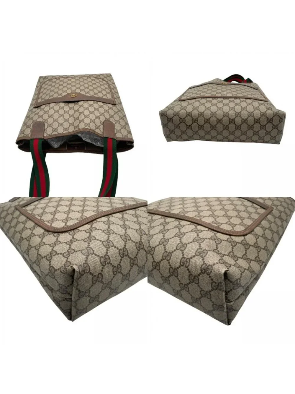 Gucci Tote Handle Vintage Sherry Line GG Plus Leather Gray Judah Brown Gold