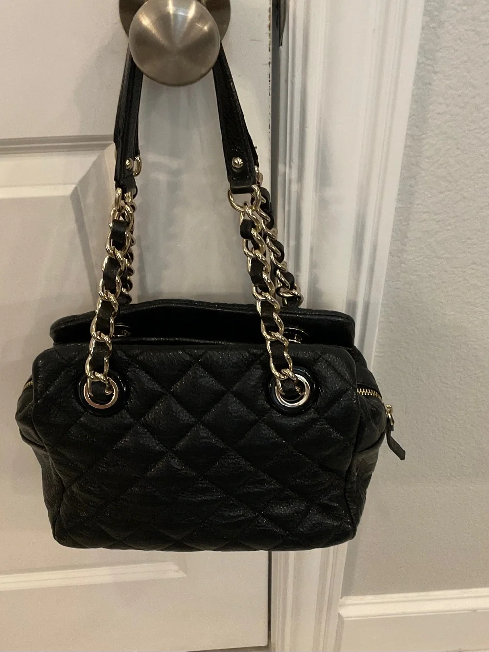 kate spade Black Quilted Leather Shoulder Bag with Gold Chain Handles