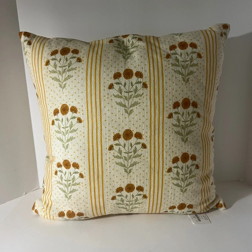 Anthropologie Mira Cotton Woven Printed Floral Pillow Yellow Stripe 18
