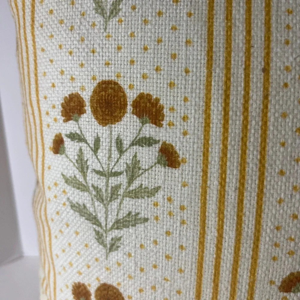 Anthropologie Mira Cotton Woven Printed Floral Pillow Yellow Stripe 18
