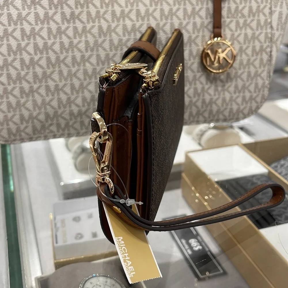 Michael Kors Jet Set Travel Large Double-Zip Wristlet-Wallet-PhoneHolder Brown