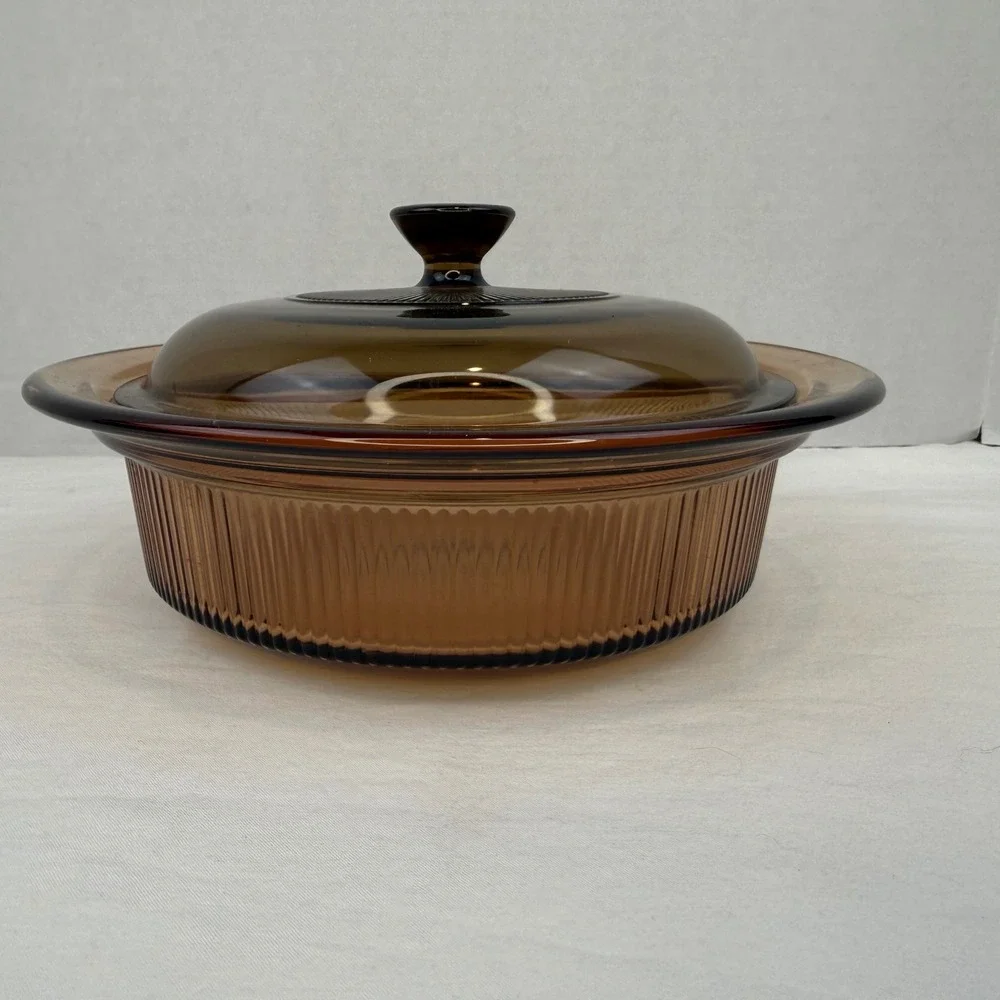 Vintage Corning Vision Amber Glass Casserole Dish with Pyrex Lid 1.5L Ribbed
