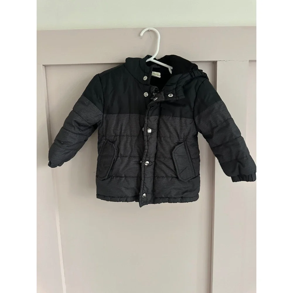 Crazy 8 Boys Black Grey Herringbone Hooded Puffer Jacket Coat 12-18 Months