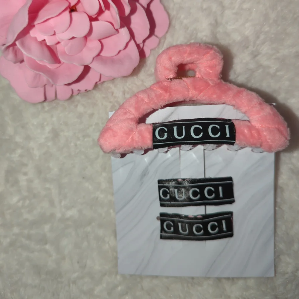 Gucci Pink Fur Hair Clip Trio Upcycled And Handmade From Authentic Gucci Ribbon