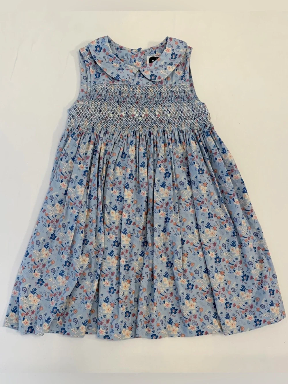 Question Everything London Hand-Smocked Dress in Blue w Peter Pan Collar