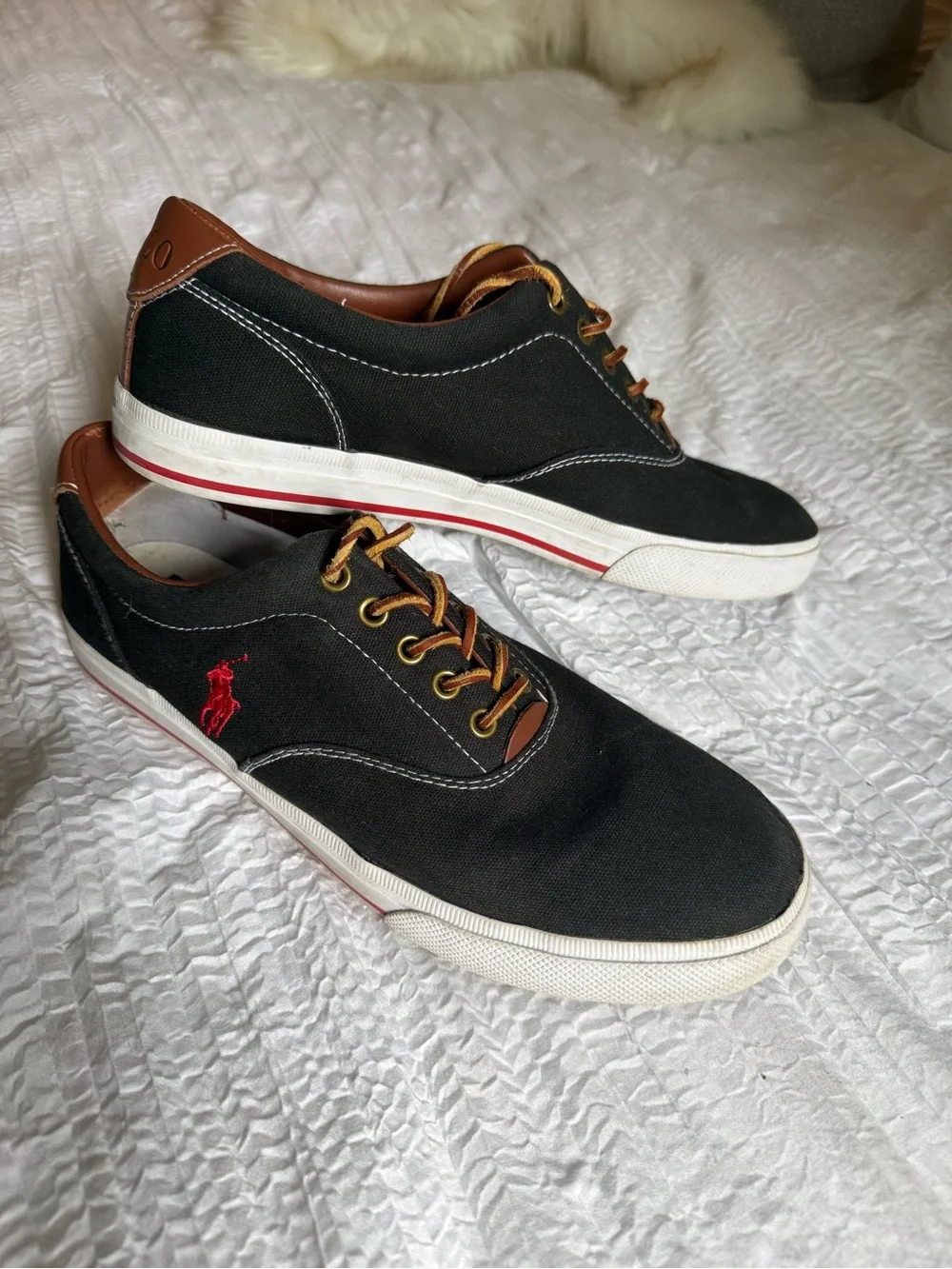 Polo by Ralph Lauren Black Canvas Sneakers with Brown Trim and Red Logo