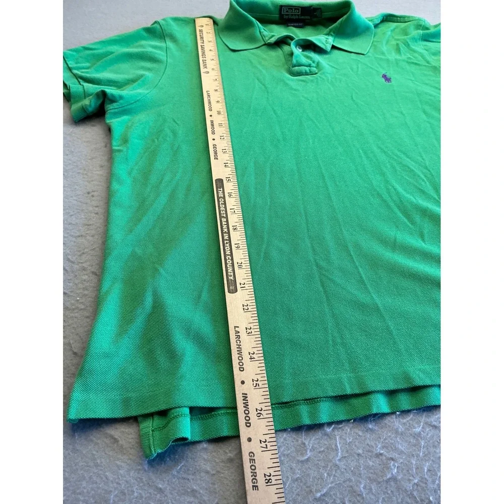 Polo Ralph Lauren Green Polo Shirt Custom Fit Purple Pony Size L Mens Pique