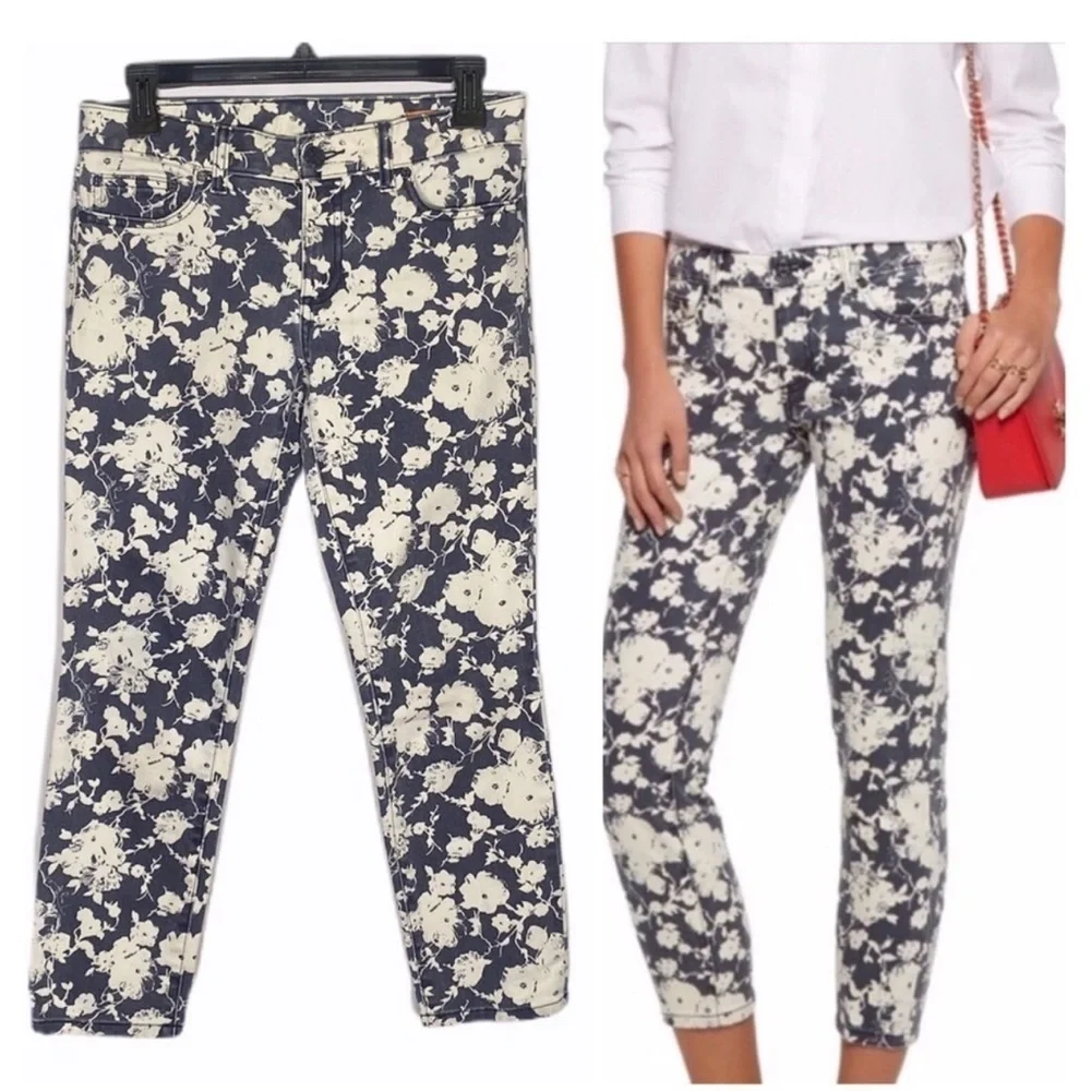 Tory Burch Size 32 Blue White Alexa Floral Mid Rise Cropped Designer Jeans. C043