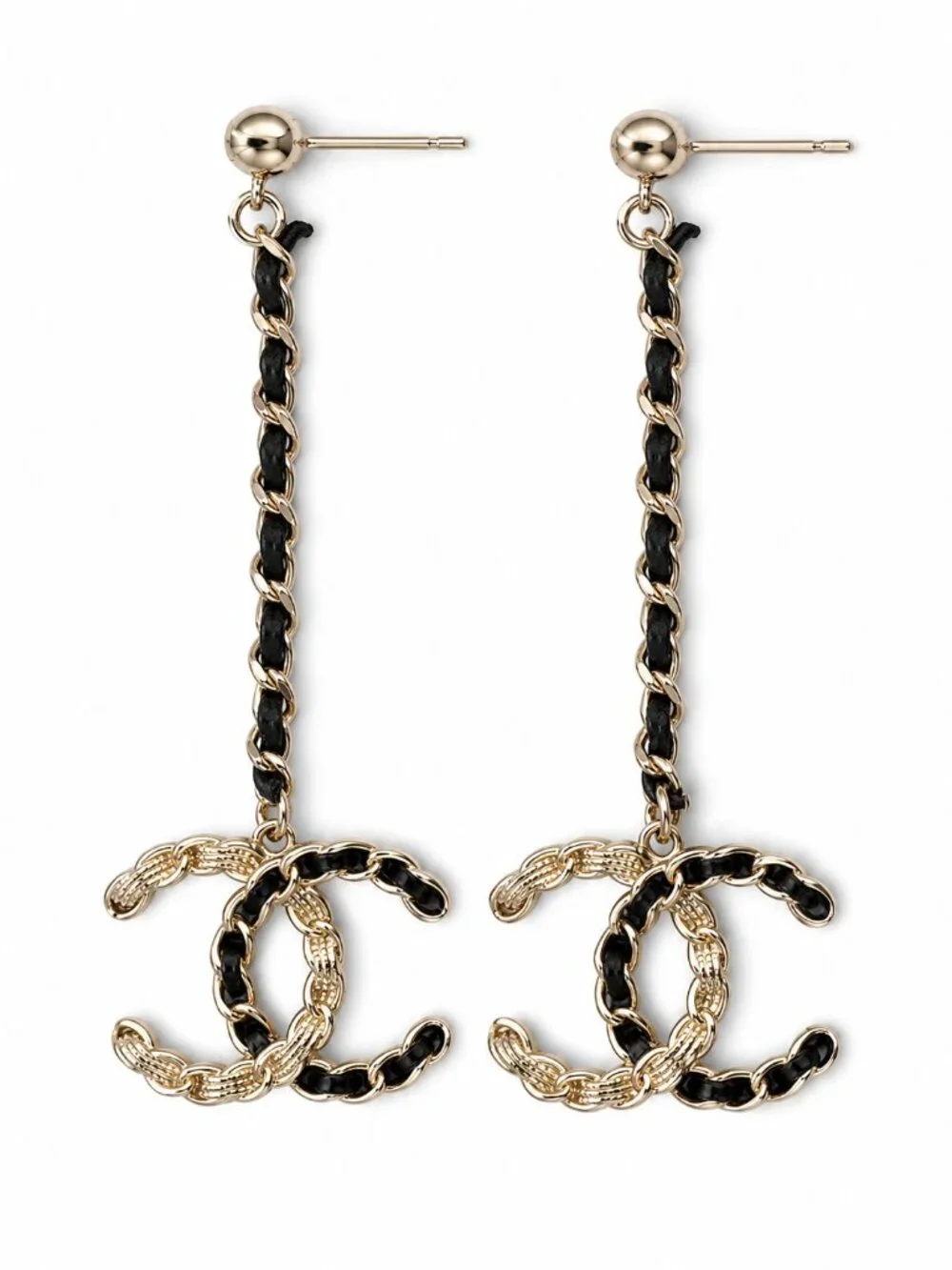 Authentic CHANEL Matelasse Vintage Chain link Gold Black Dangle Earrings