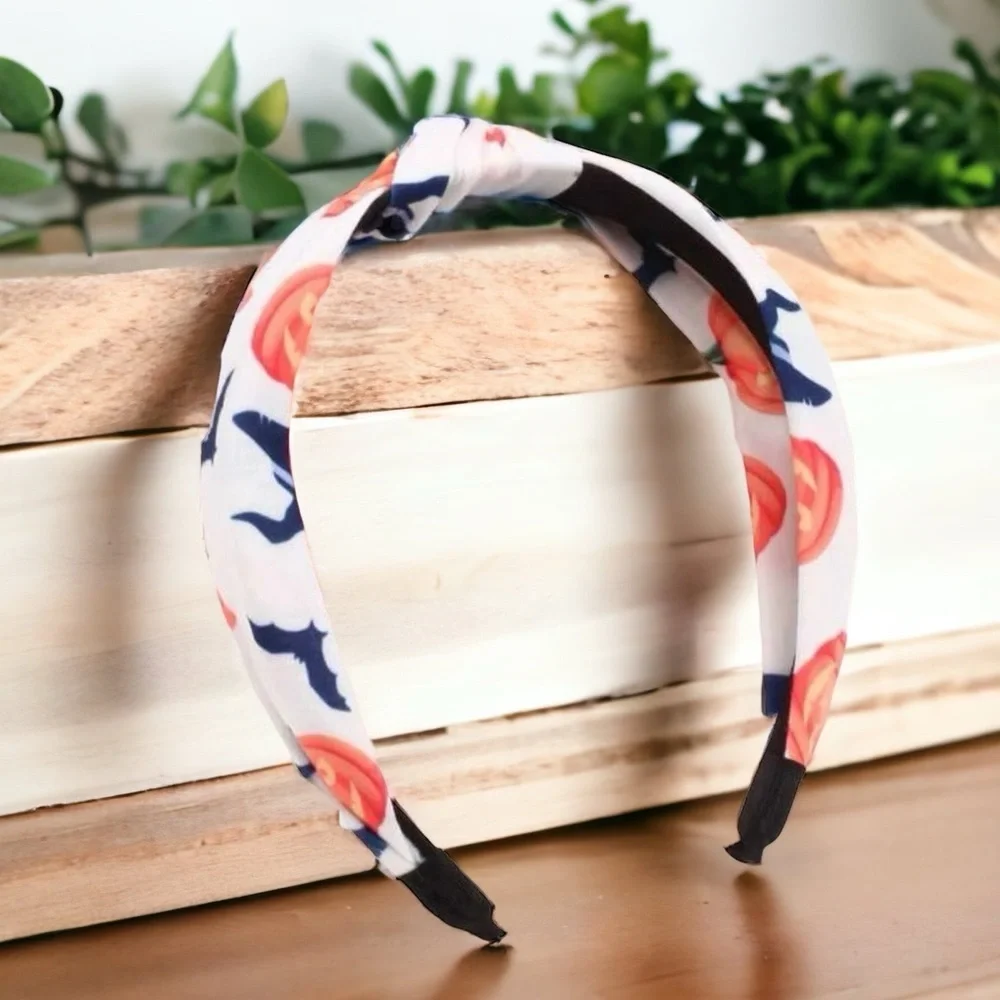 Brand New Halloween Topknot Headband - Pumpkins & Bats
