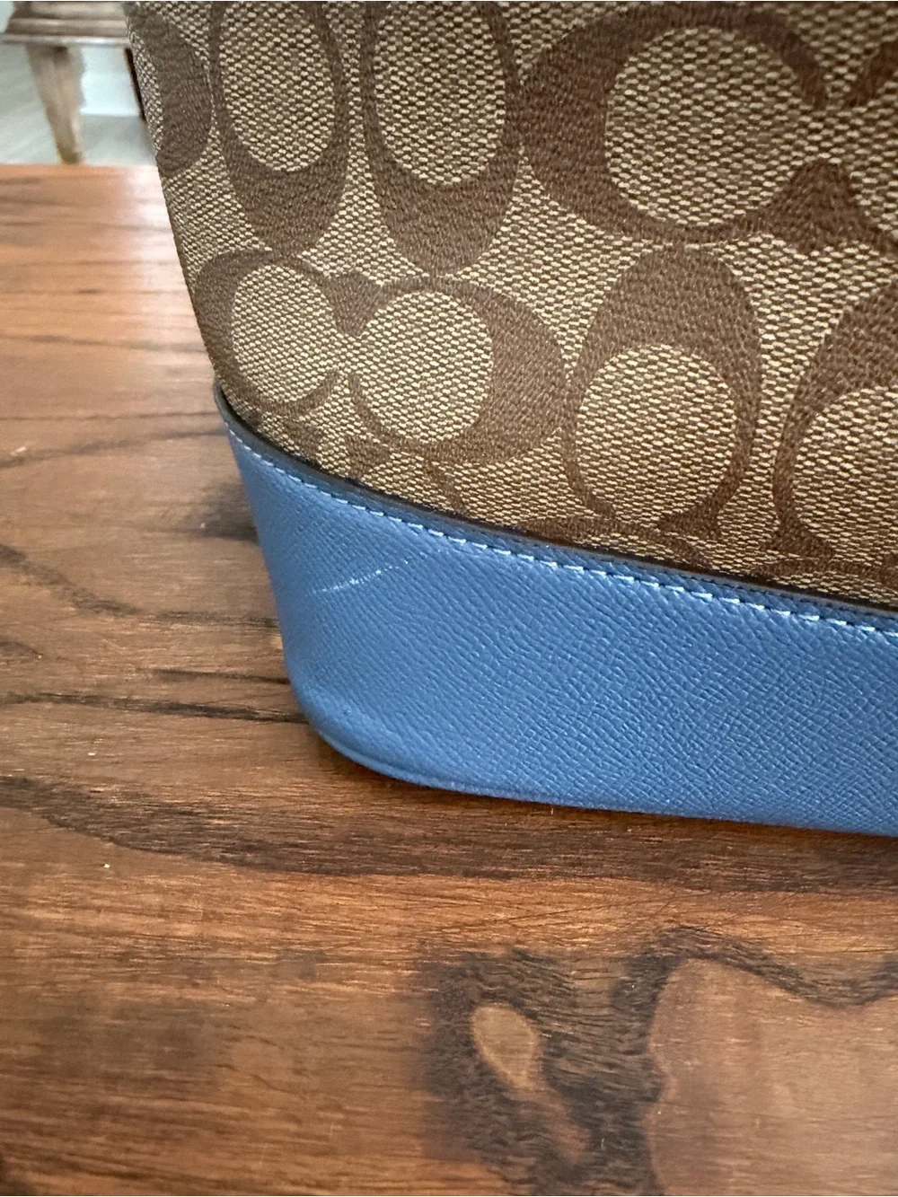 Coach Brown Signature Canvas Backpack with Blue Trim