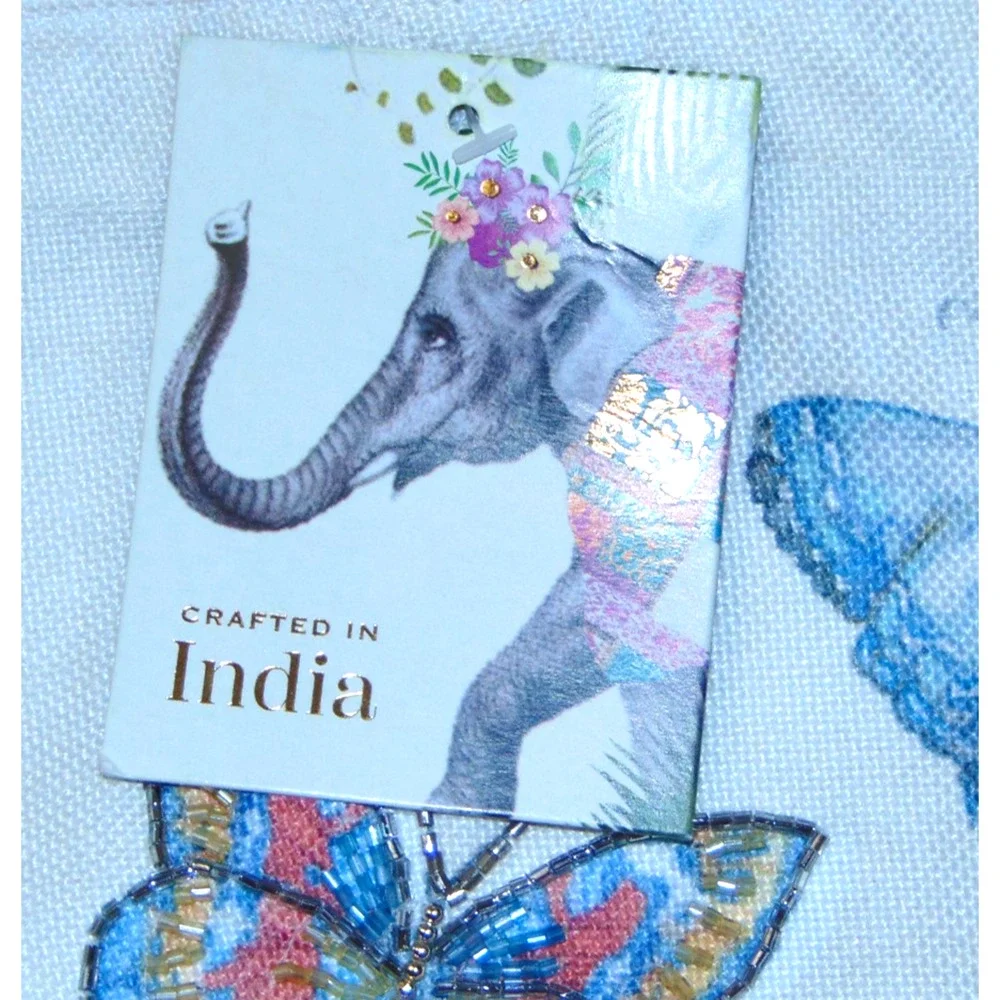 Butterfly Beaded Canvas Tote Bag Handmade India Elephant Tag Beach Bag NWT