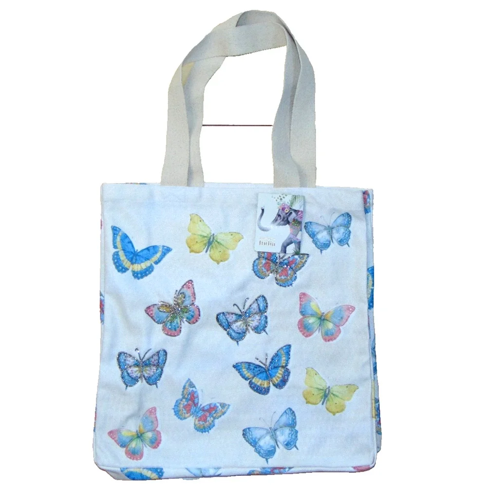 Butterfly Beaded Canvas Tote Bag Handmade India Elephant Tag Beach Bag NWT