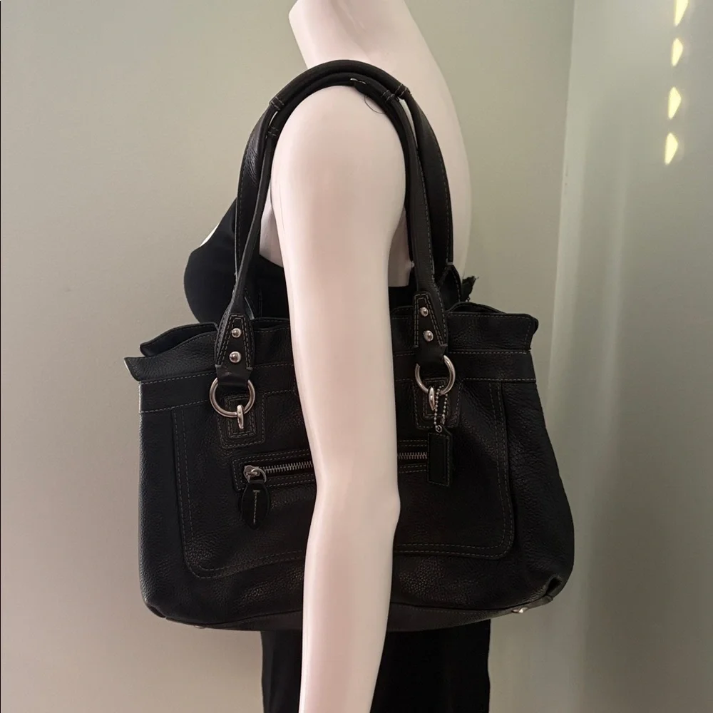 Coach Penelope Black Leather Shoulder Bag with Silver Accents