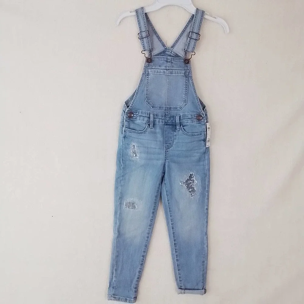OshKosh Girls Overalls 4 Blue Cotton Denim Overall Jeans Distressed Light‎ Wash