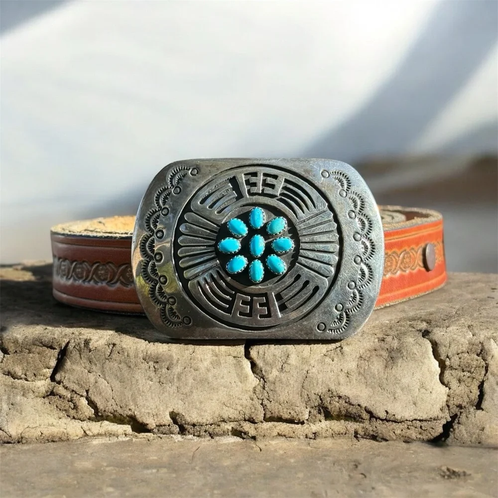 Rosco Scott Navajo Sterling Silver and Turquoise Cluster Belt Buckle