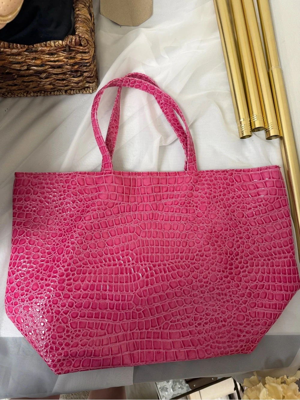 Bath & Body Works Pink Faux Crocodile Embossed Tote