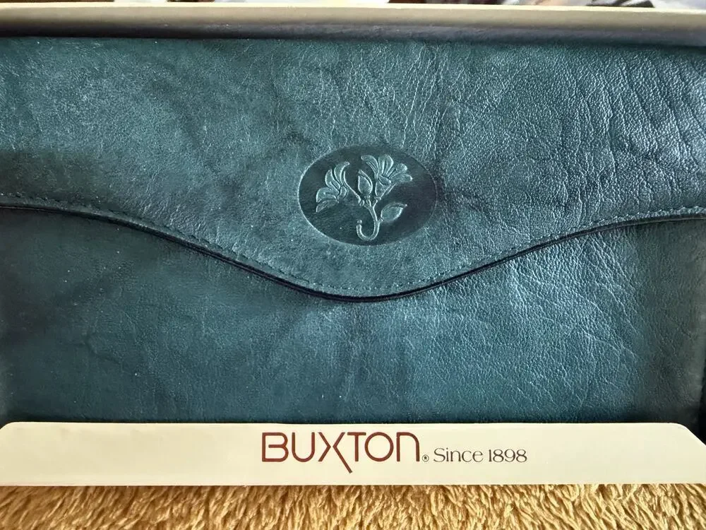 VTG Buxton Green Leather Bifold Wallet Snap Closure Check Book Coin Purse