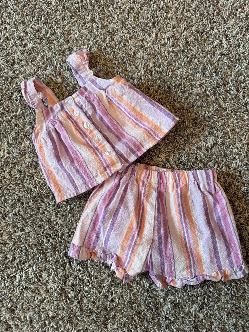 Girls Pink & Orange Striped Matching Top and Shorts Set