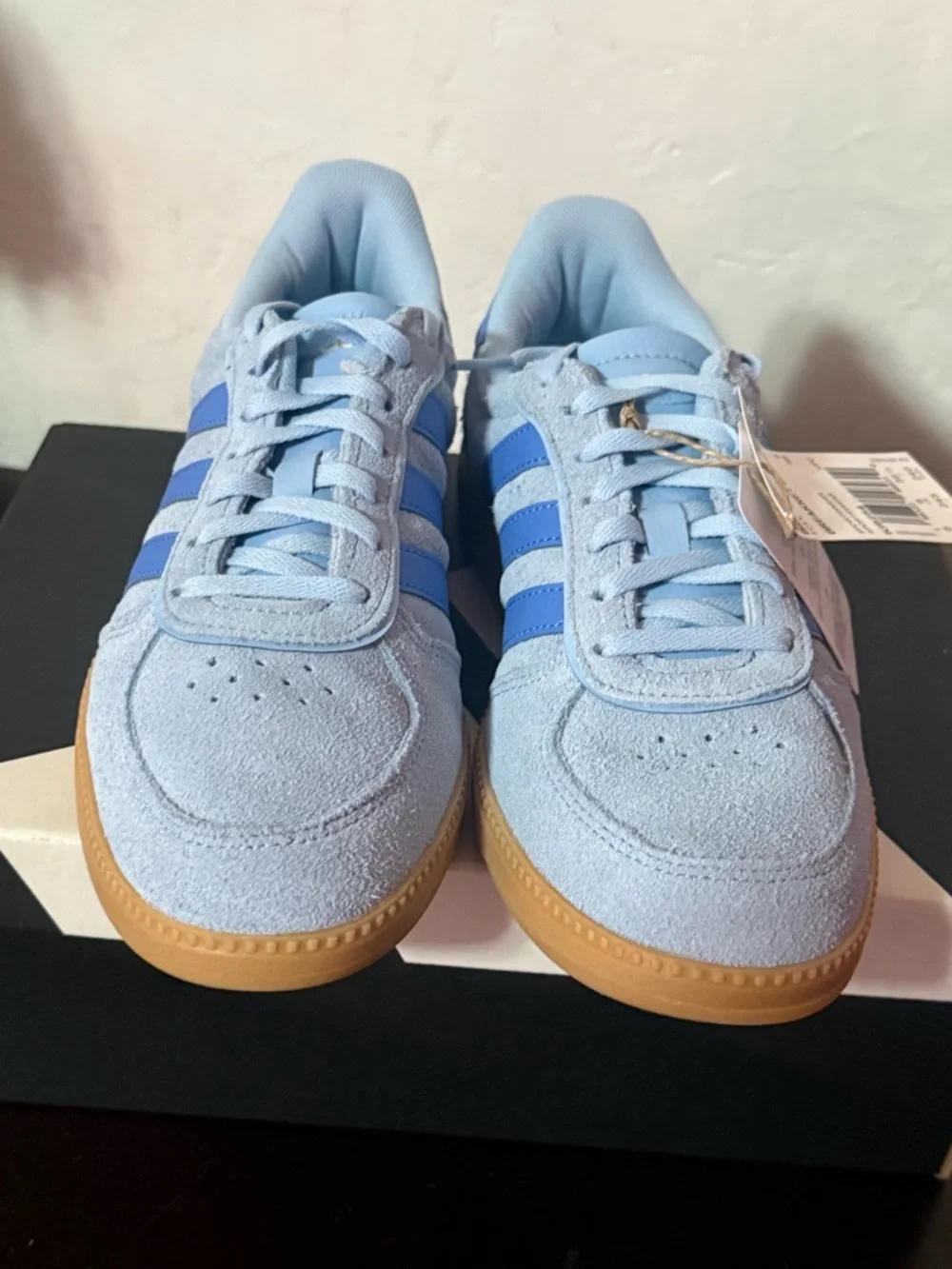 adidas Originals Light Blue Suede Sneakers with Blue Stripes and Gum Sole