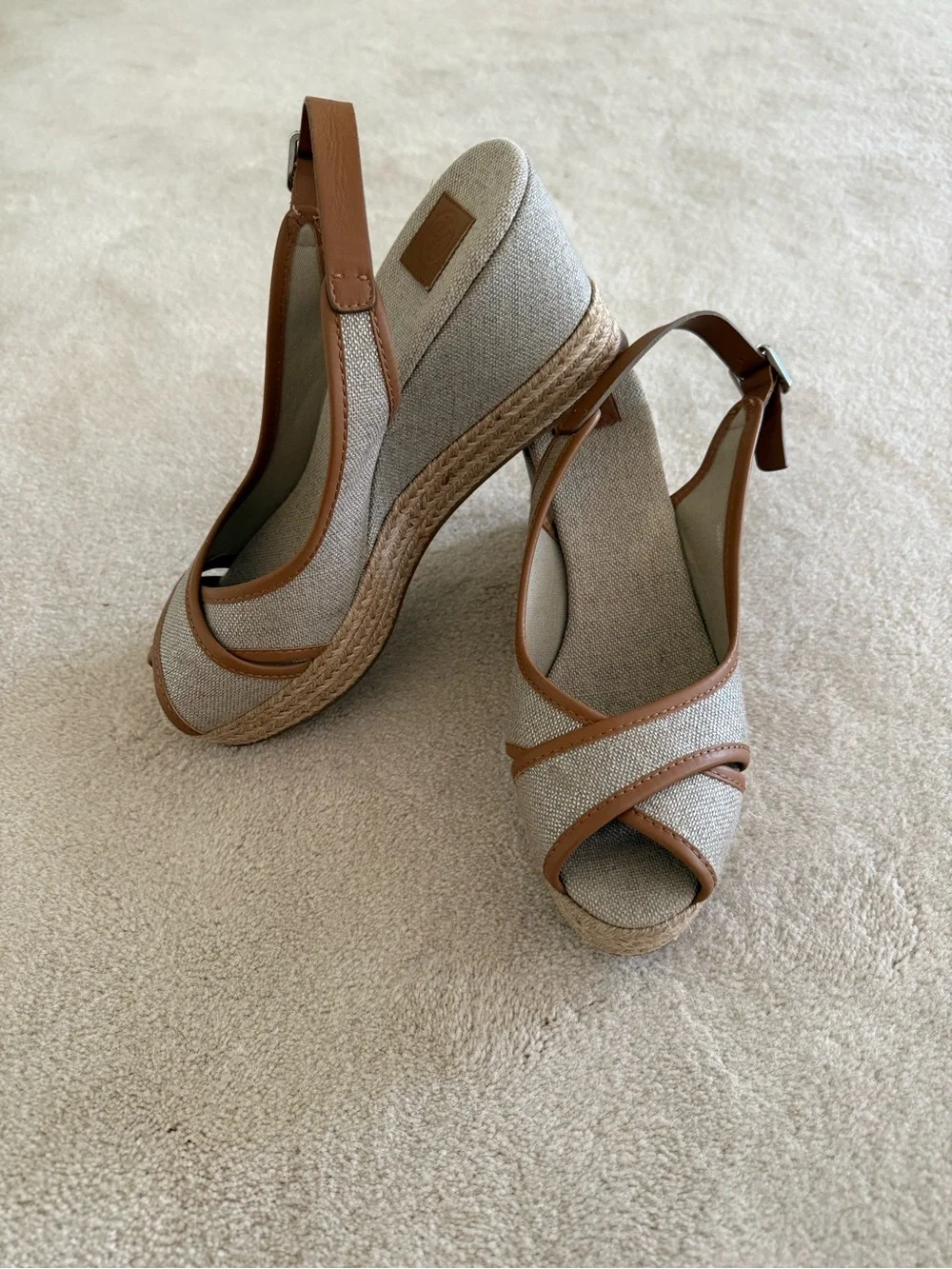 Tory Burch Beige Espadrille Wedge Slingback Heels with Brown Trim