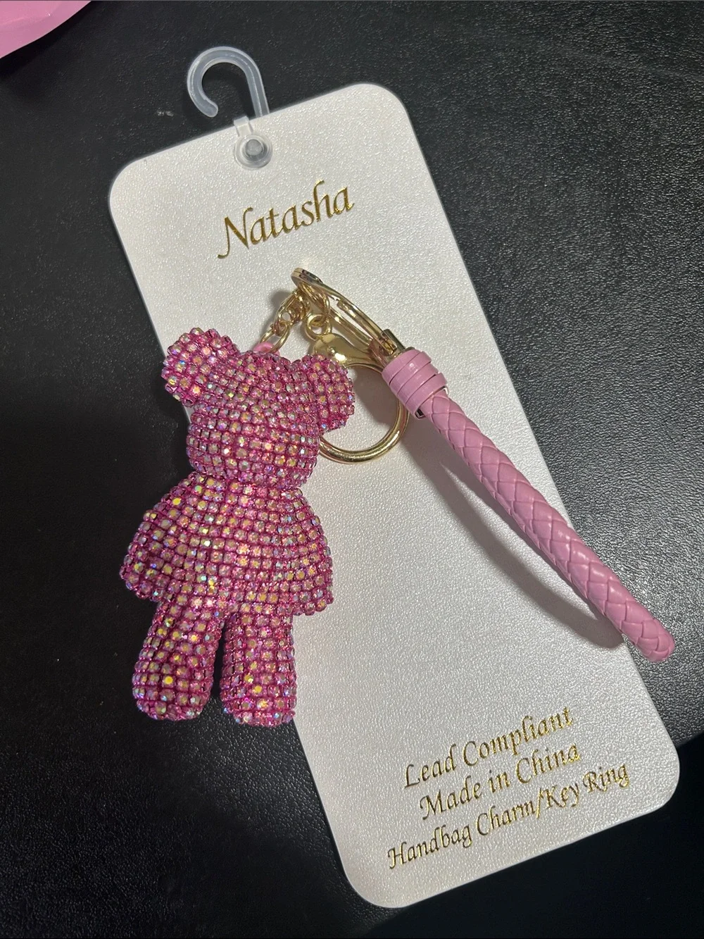 Natasha Couture Pink Crystal Teddy Bear Keychain with Gold Hardware