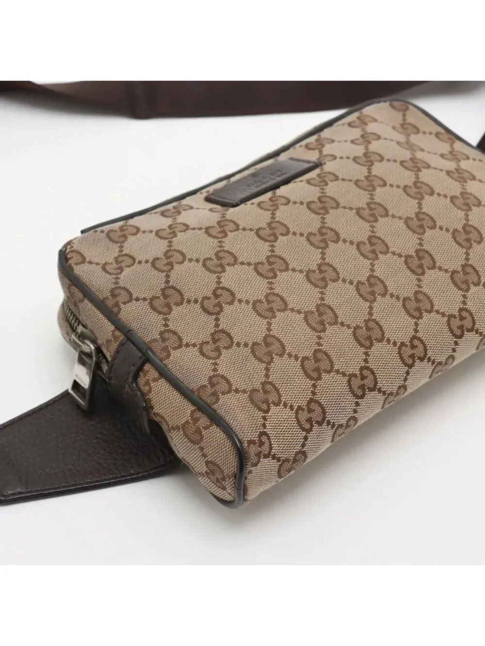 Gucci GG Canvas Leather 2-Way Belt Bag Crossbody Waist Pouch Shoulder Brown