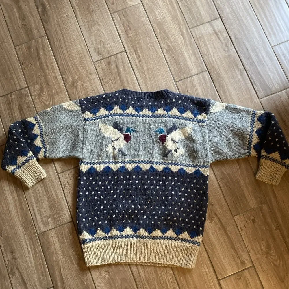 Woolrich Duck Mallard Graphic Knit Sweater Pullover 100% Wool Size Large