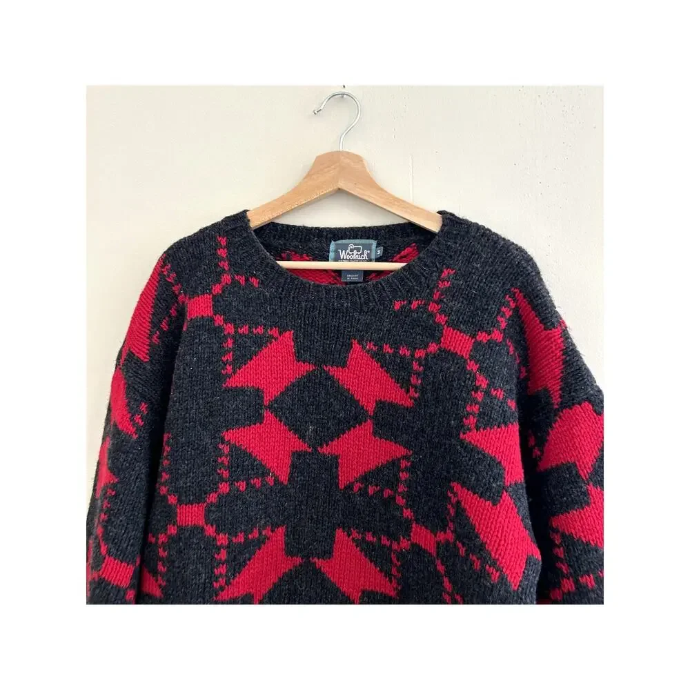 Vintage 90s Woolrich Red Black Abstract 100% Wool Pullover Sweater Men's Medium
