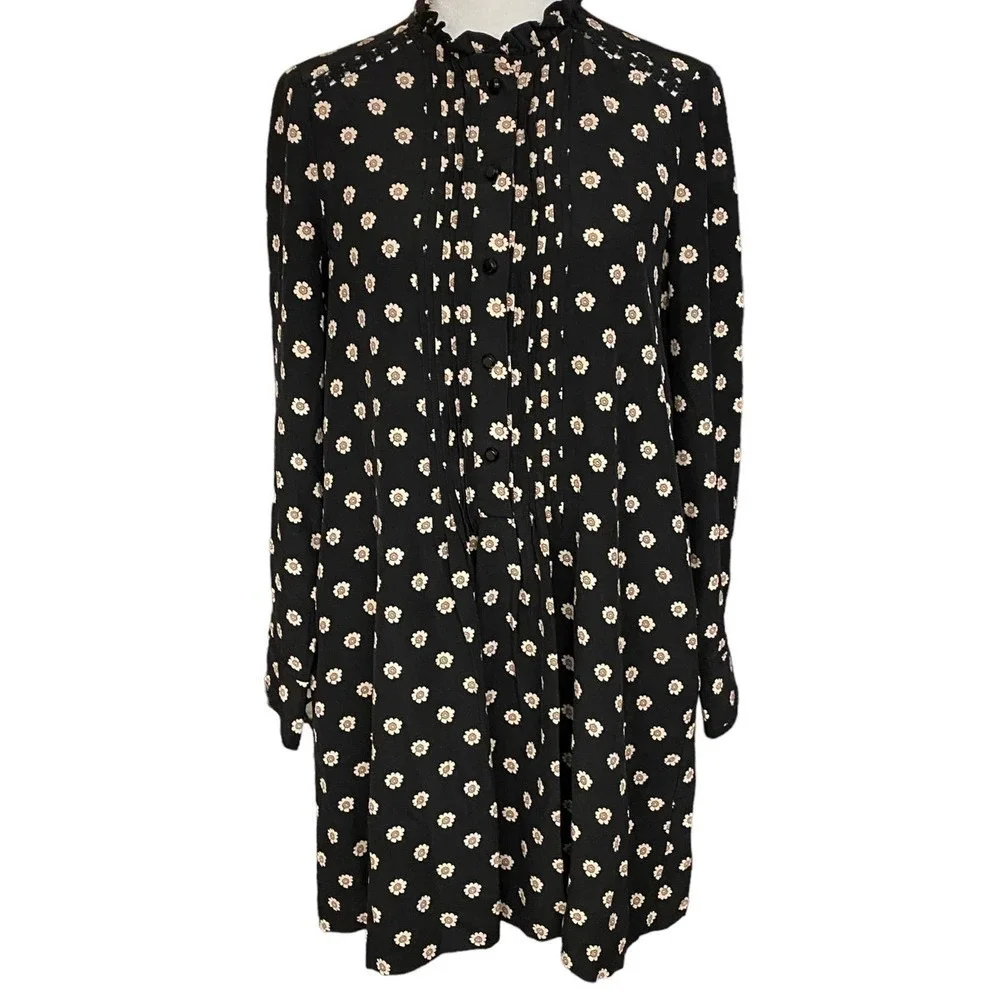 Kate Spade Ditsy Floral Pintuck Pleats Daisy Crochet Trim Popover Silk Black XS