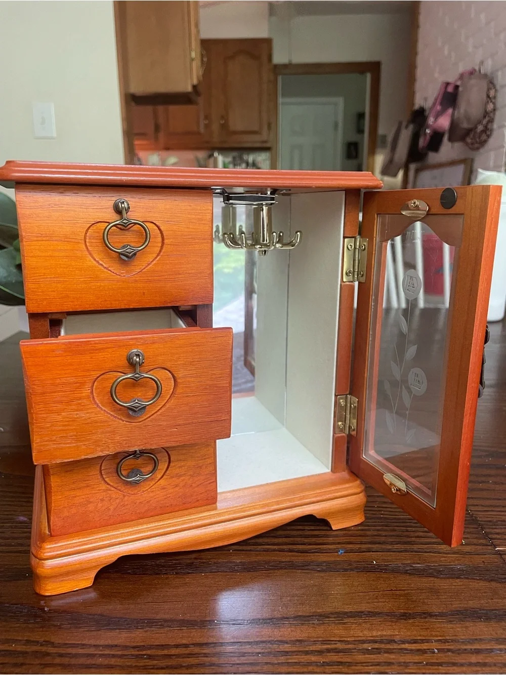 Wooden Jewelry Organizer Armoire in Cherry Finish with Mirrored Door