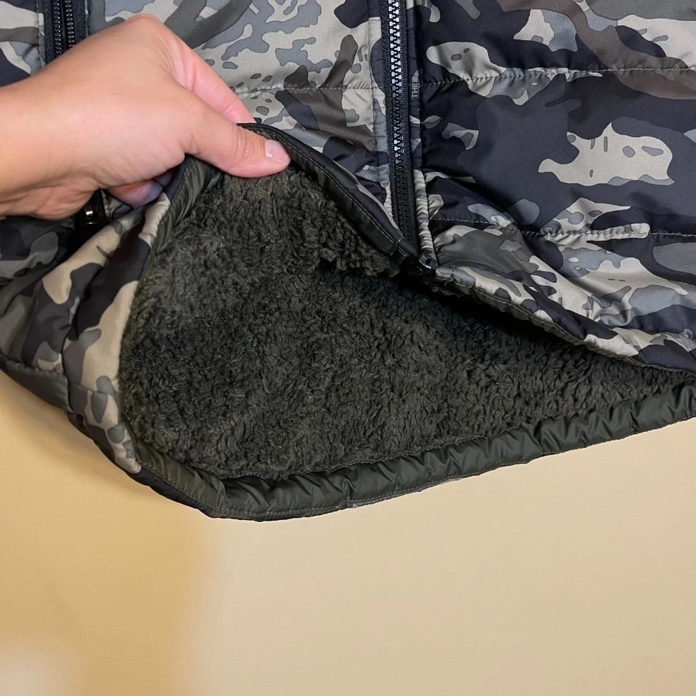 The North Face Black and Gray Camo Hooded Puffer