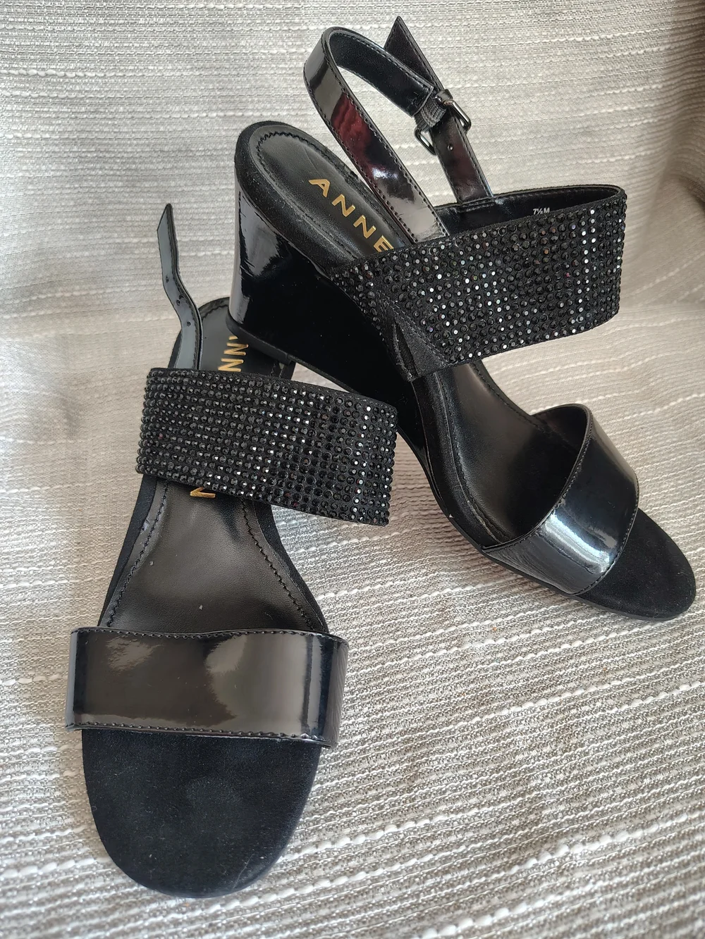 Anne Klein Akelisha Black Rhinestone Wedge Sandals Women's 7.5 Slingback Formal
