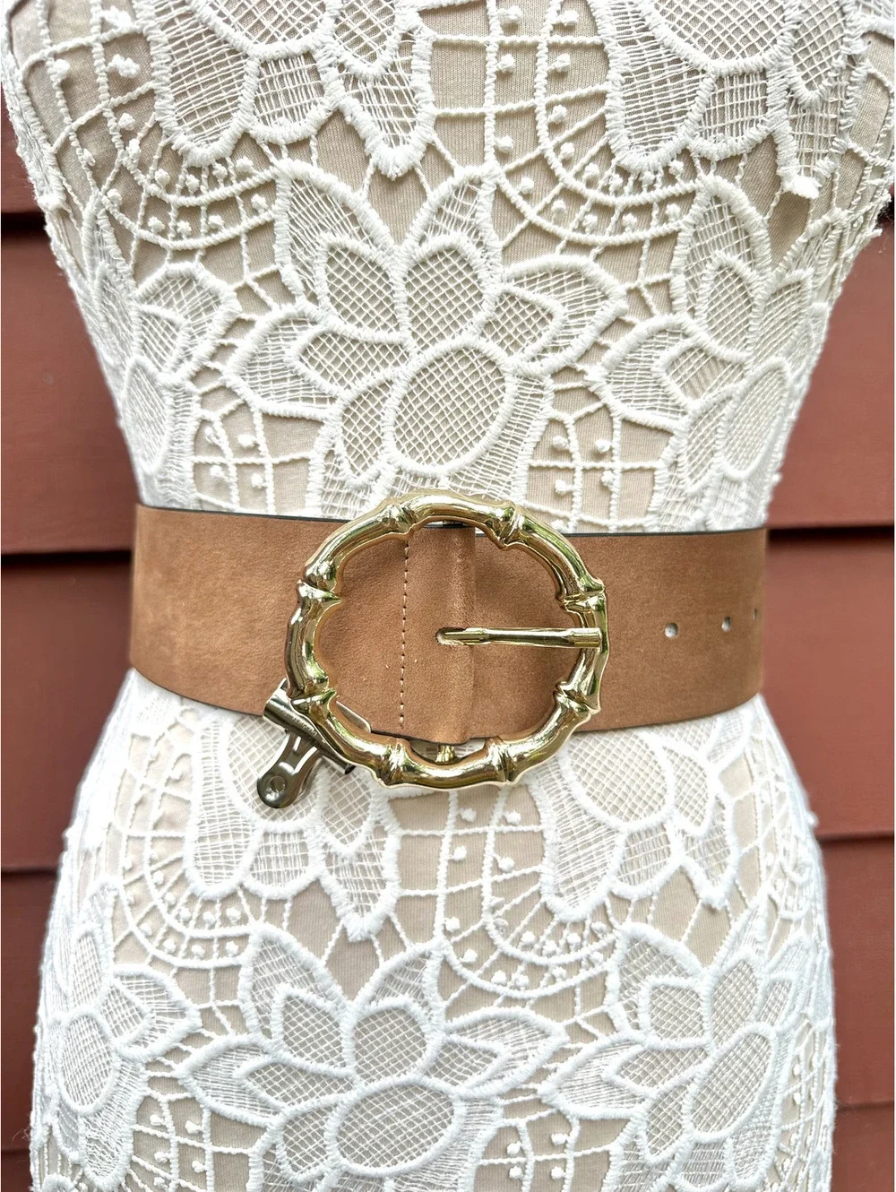 H&M Wide Brown Faux Suede Belt with Gold Bamboo Style Buckle