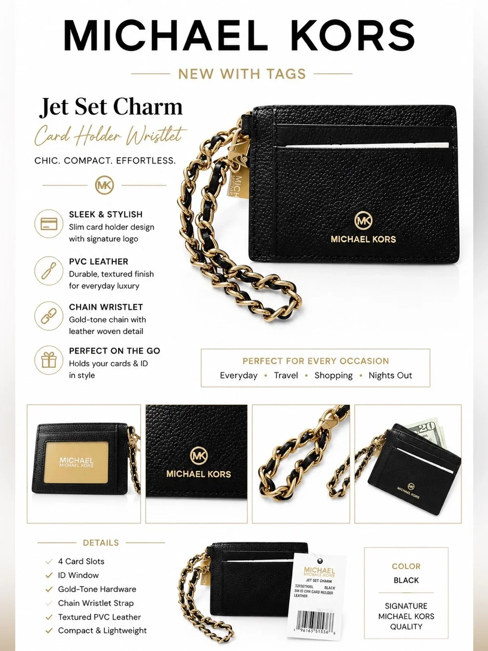 Michael Kors Black and Gold Card Holder Jet Set Charm Leather or wristlet NWT