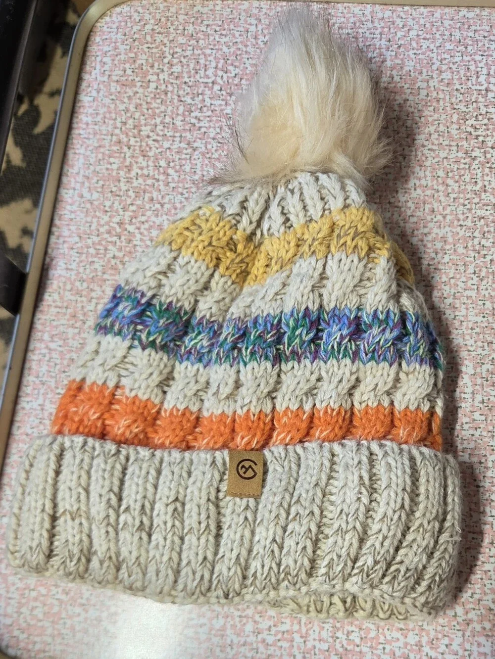 Chillmeister Cream Striped Cable Knit Beanie with Faux Fur Pom Pom