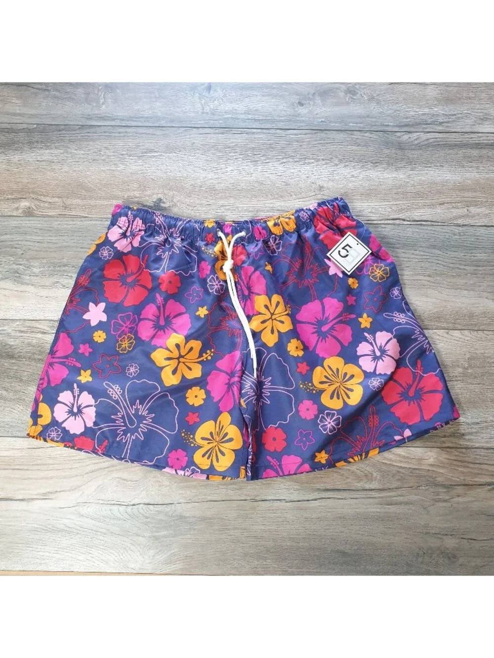 Colorful Floral Mens Swim Trunks Size L With Elastic Waist Drawstring 32