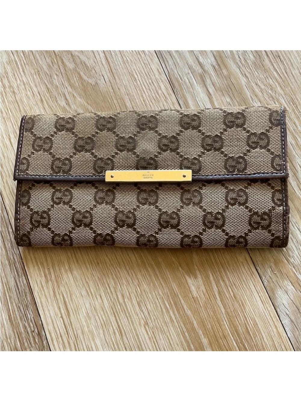 Gucci Brown/Beige GG Canvas Fold Wallet with Gold Plate
